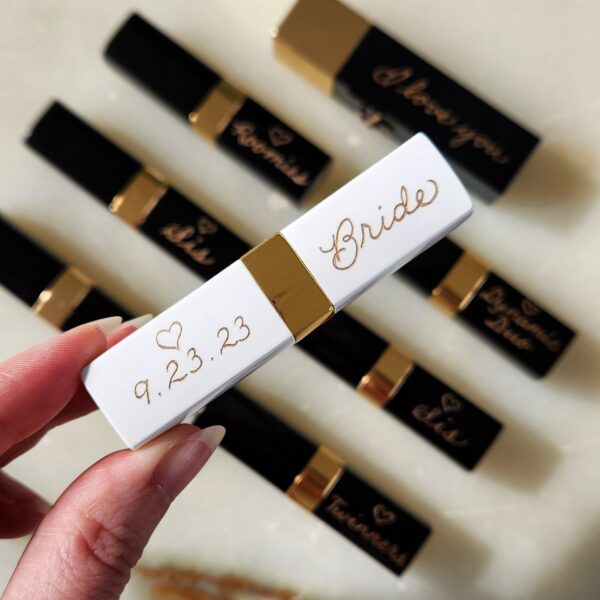 Engraved Chanel lipstick with Bride and wedding date in calligraphy