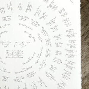 handwritten calligraphy family tree in fan chart layout