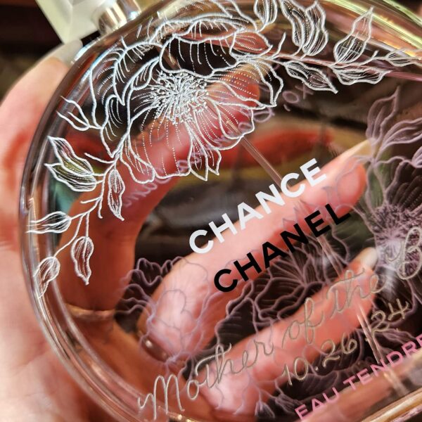 chanel chance bottle hand engraved with flowers inspired by wedding invitation design