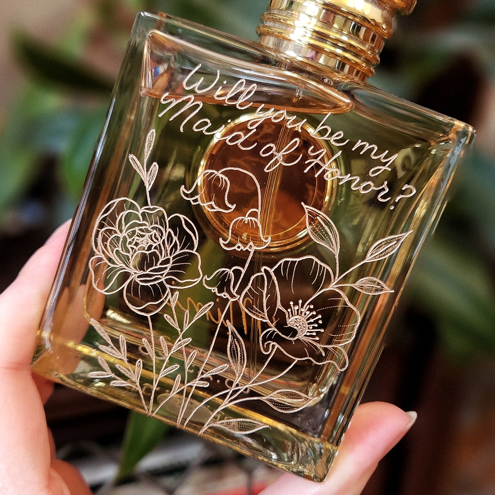 Burberry perfume bottle with birth month flowers engraved with calligraphy for Maid of Honor gift