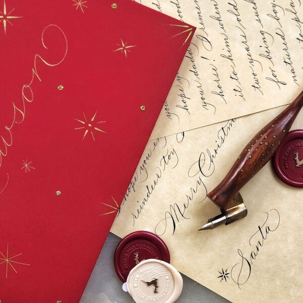 custom calligraphy Santa letter with decorated red envelope