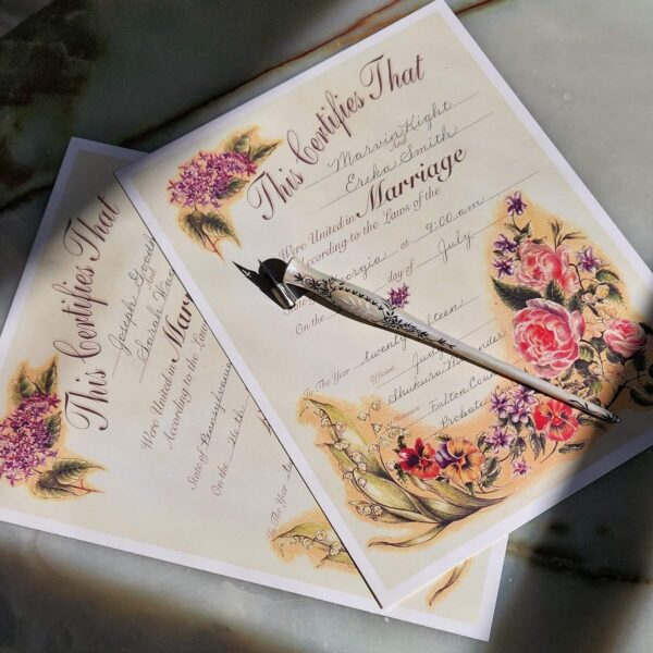 marriage certificates filled out with custom calligraphy