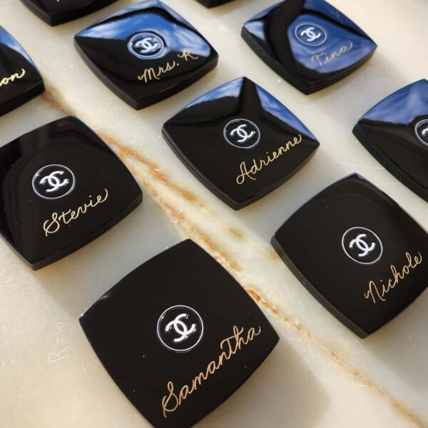 engraved chanel compact mirrors with bridesmaid names