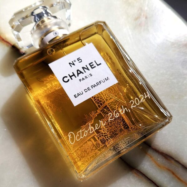 engraved chanel no. 5 perfume bottle with wedding date on front and wedding venue illustration on the back